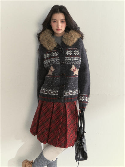 Charcoal Fair Isle Puppy Faux Fur Collar Knit Jacket