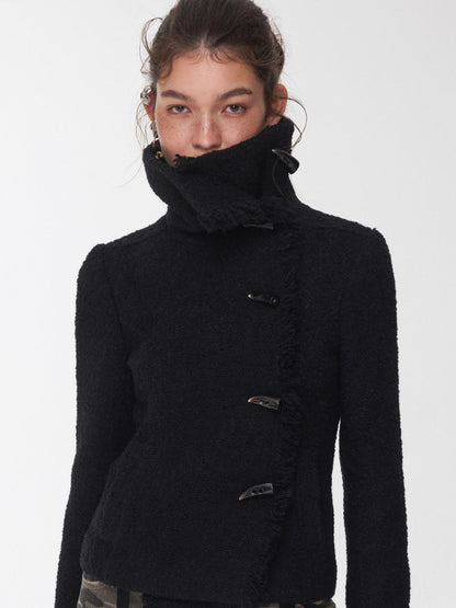 Wool Blend Horn Button High-neck Jacket