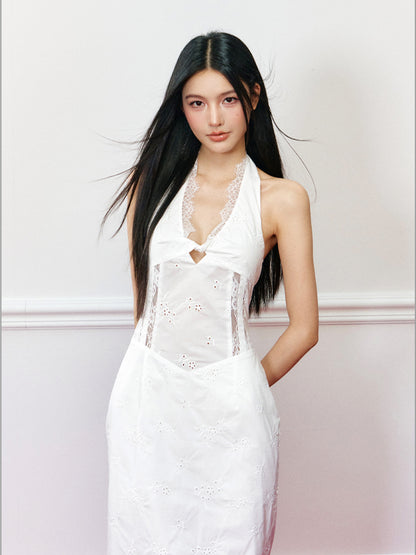 Lace Paneled Hollow Halter Mermaid Dress - CHINASQUAD