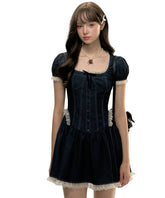 Square Neckline Short-sleeve Denim Dress - CHINASQUAD