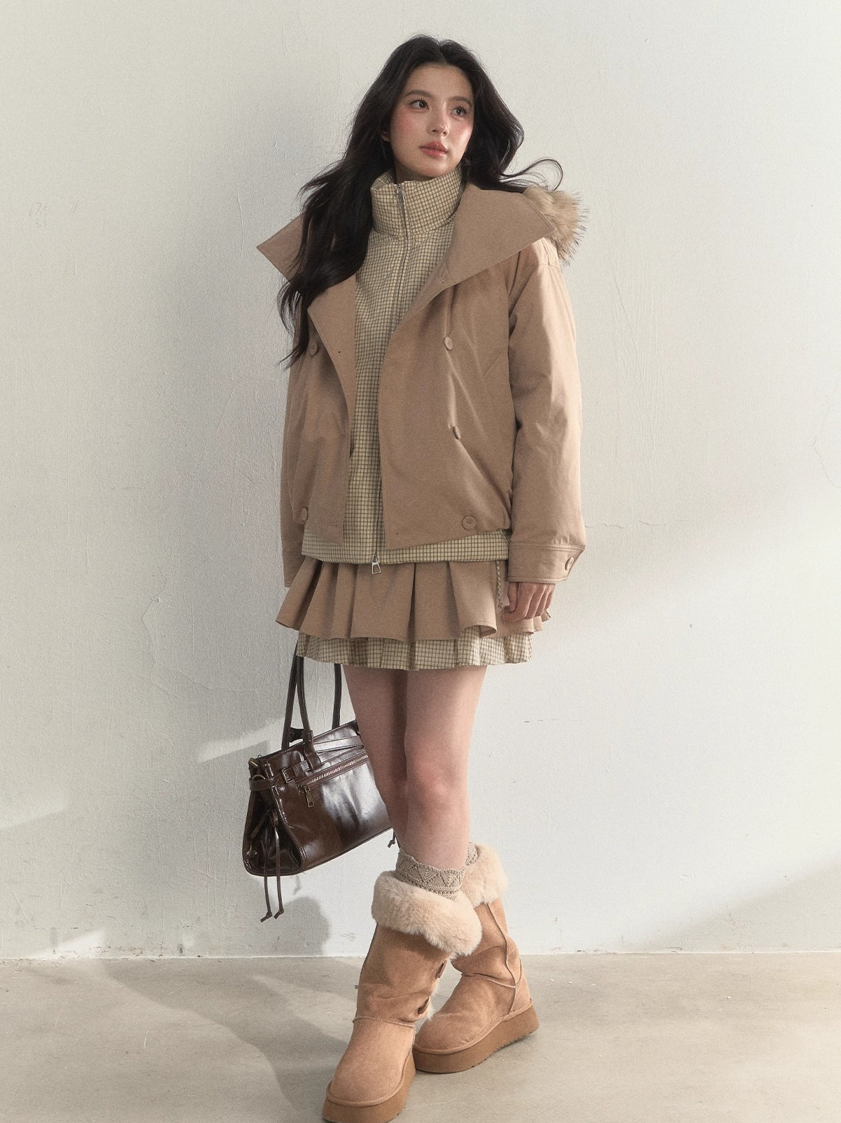 Khaki &amp; Pink Double-Breasted Layered Down Jacket