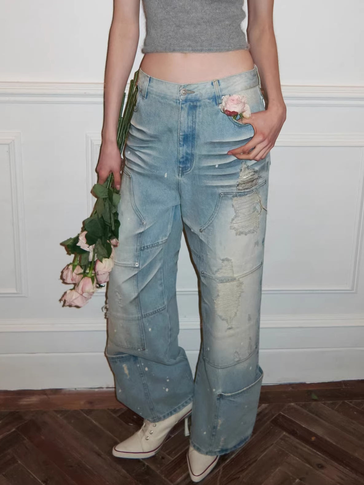 Washed Distressed Low-Rise Straight-Leg Jeans