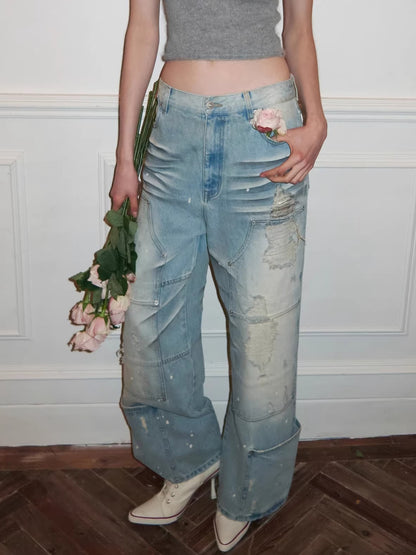 Washed Distressed Low-Rise Straight-Leg Jeans