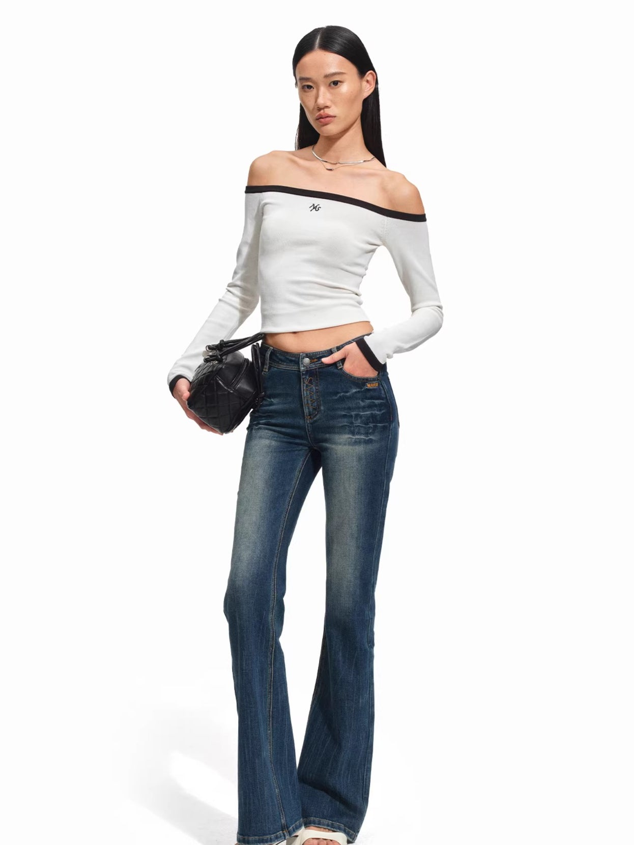 Kelly Off-Shoulder Contrast Knit Crewneck