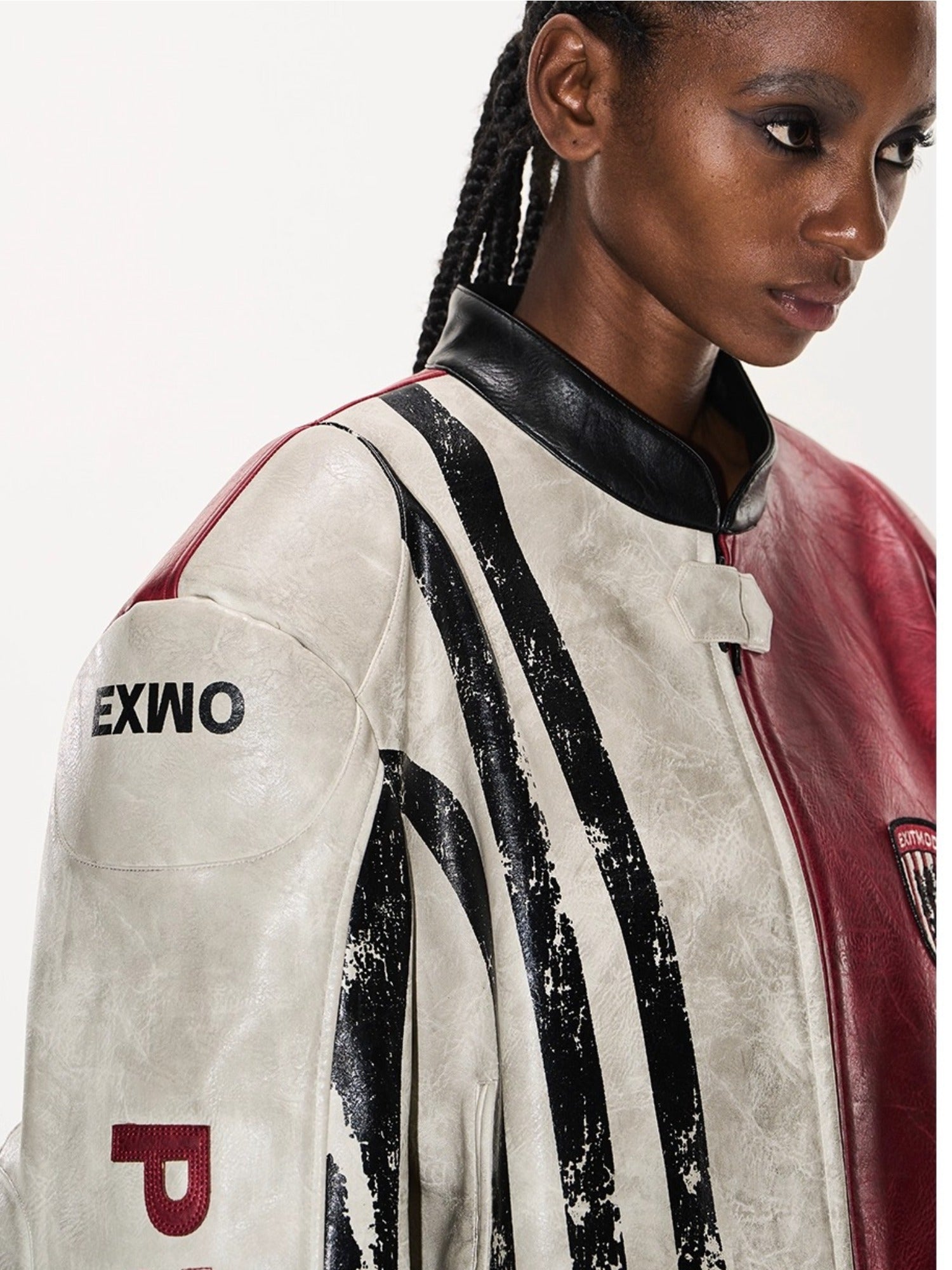 Distressed Contrast Leather Sports Jacket