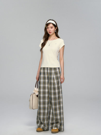 White Waistband Spliced Plaid Trousers