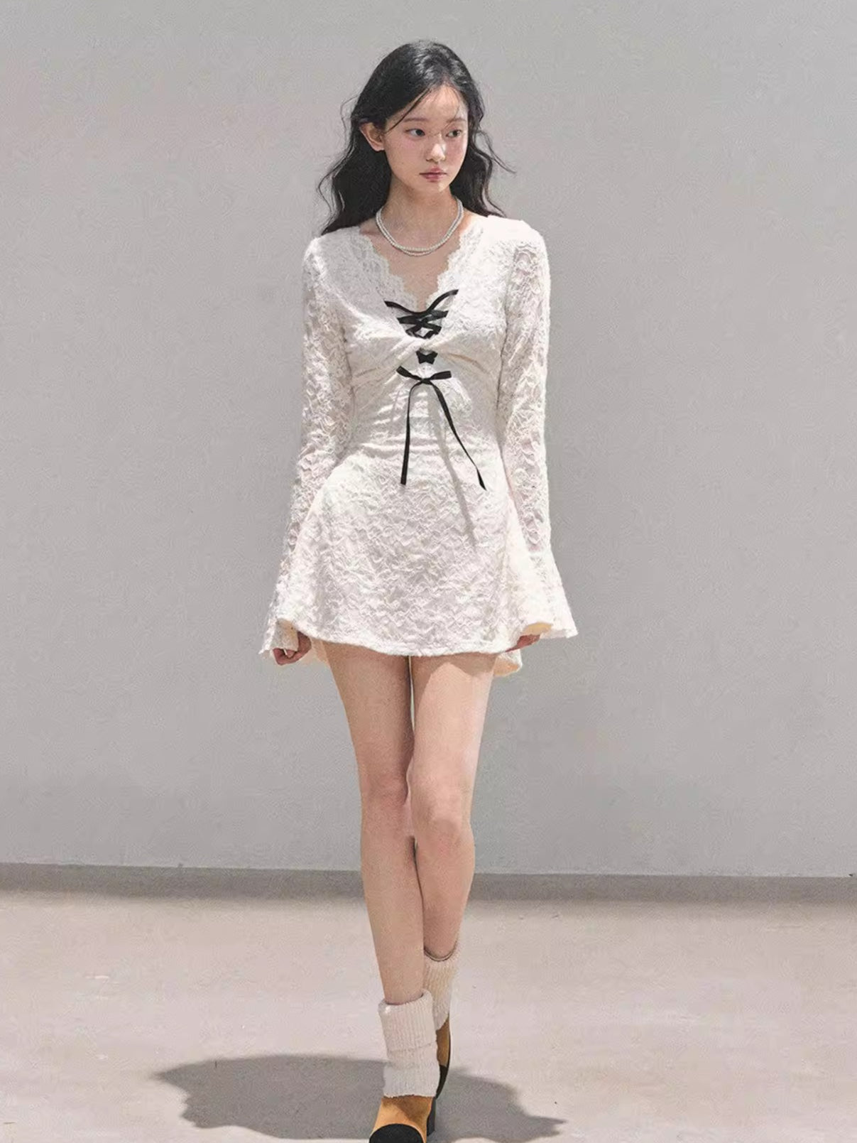 Lace Puff-Skirt V-Neck Mini Dress