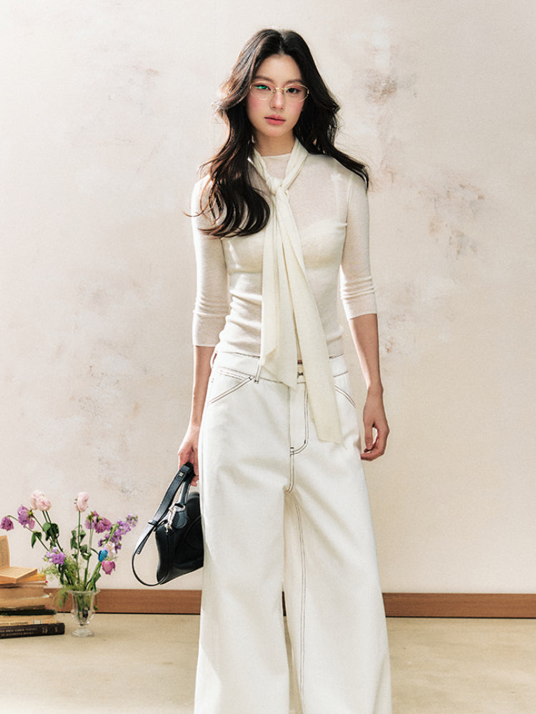 White Tie-Collar Knit Top Pullover Base