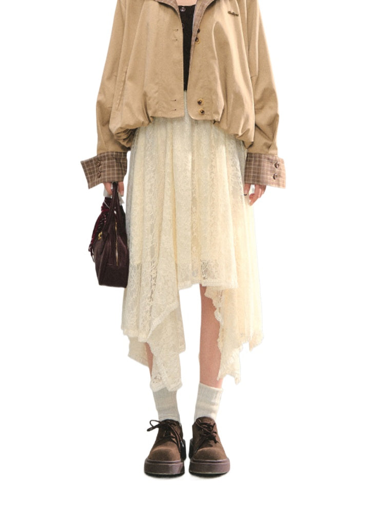 Beige Lace Irregular Hem Midi Skirt - CHINASQUAD