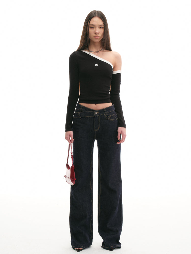 Asymmetrical Shoulder Slim-Fit Long-Sleeve Top