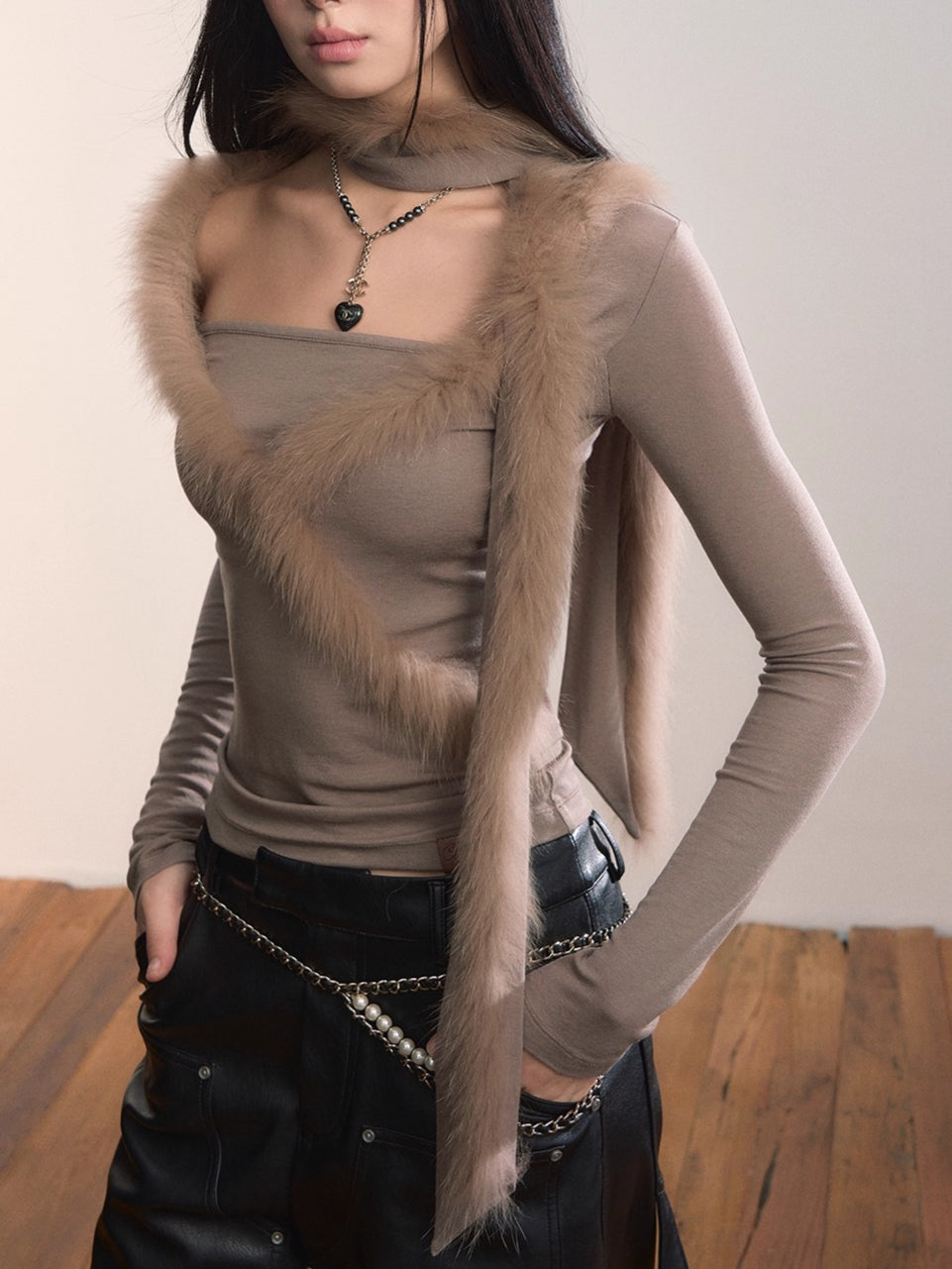 Fox Fur Scarf Trim Two-Piece Knitwear