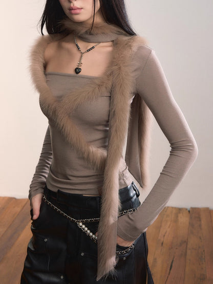 Fox Fur Scarf Trim Two-Piece Knitwear