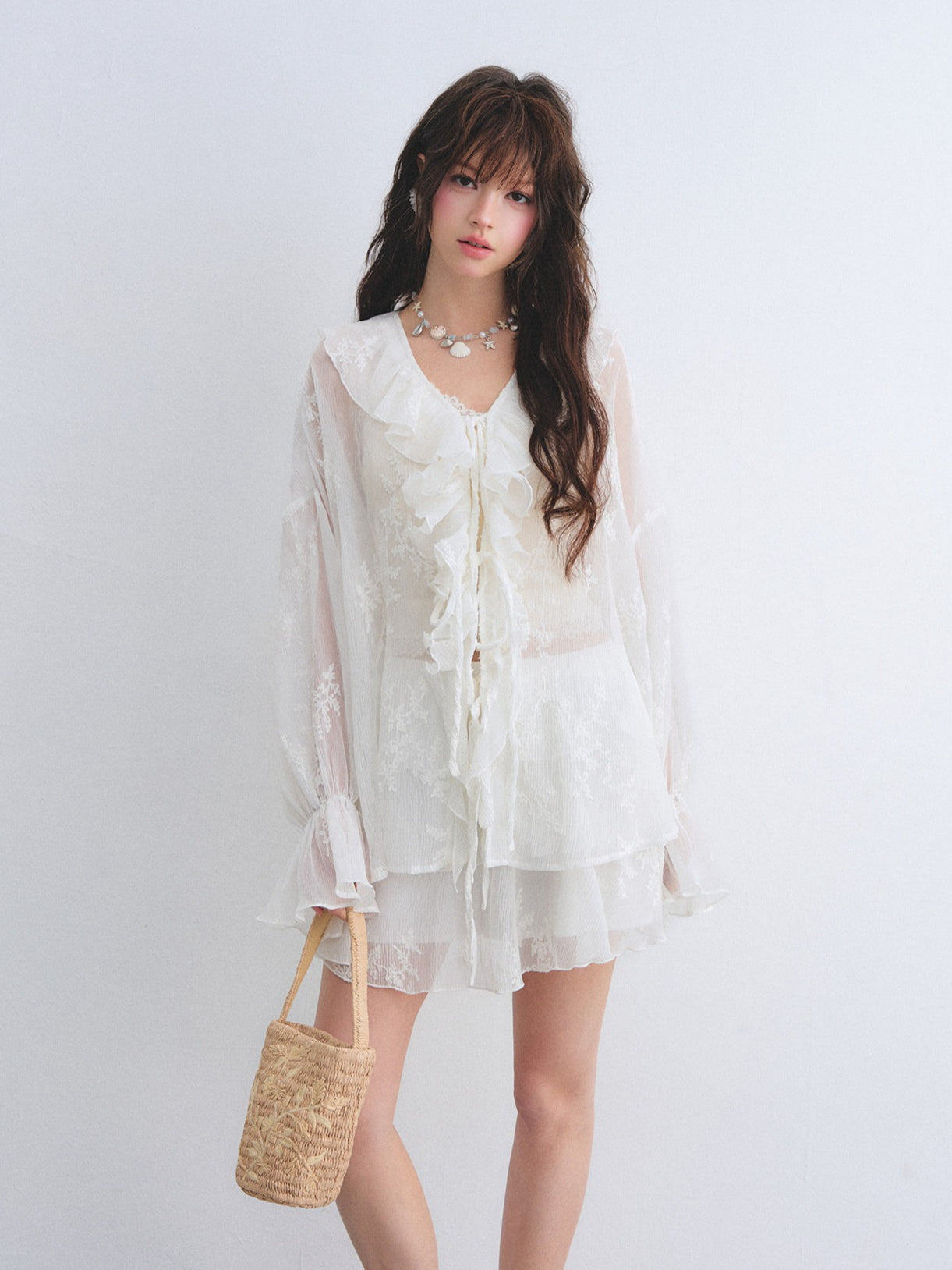 Embroidered Ruffle Chiffon Shirt &amp; Tiered Skirt Set