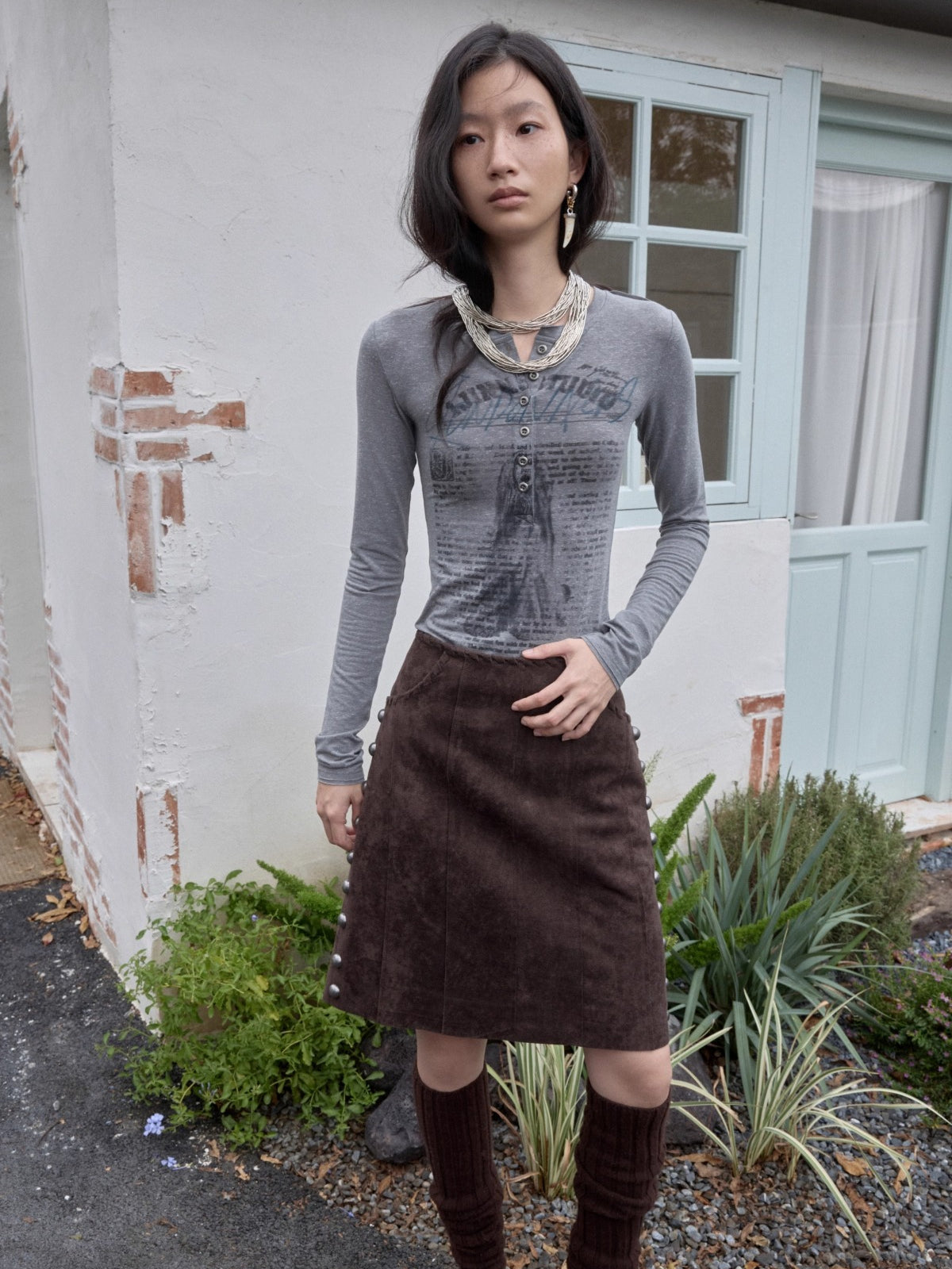 Henley Animal-Print Knitted Long Sleeves T-Shirt