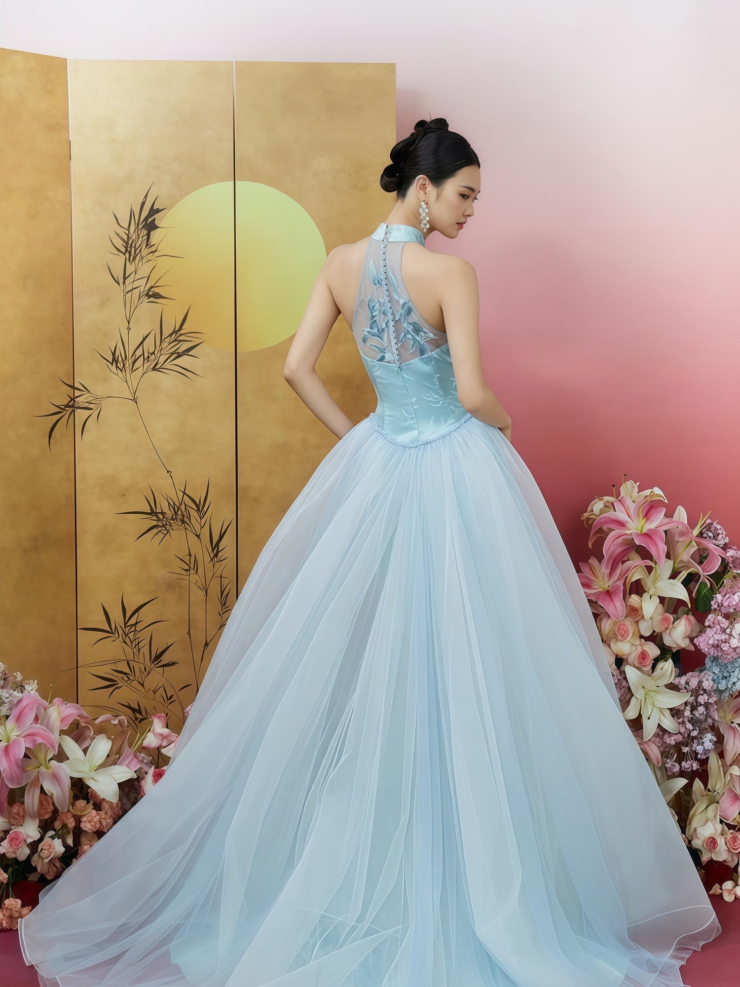 Aqua Jade Embroidered Halterneck Mermaid Gown with Tiered Tulle Shawl