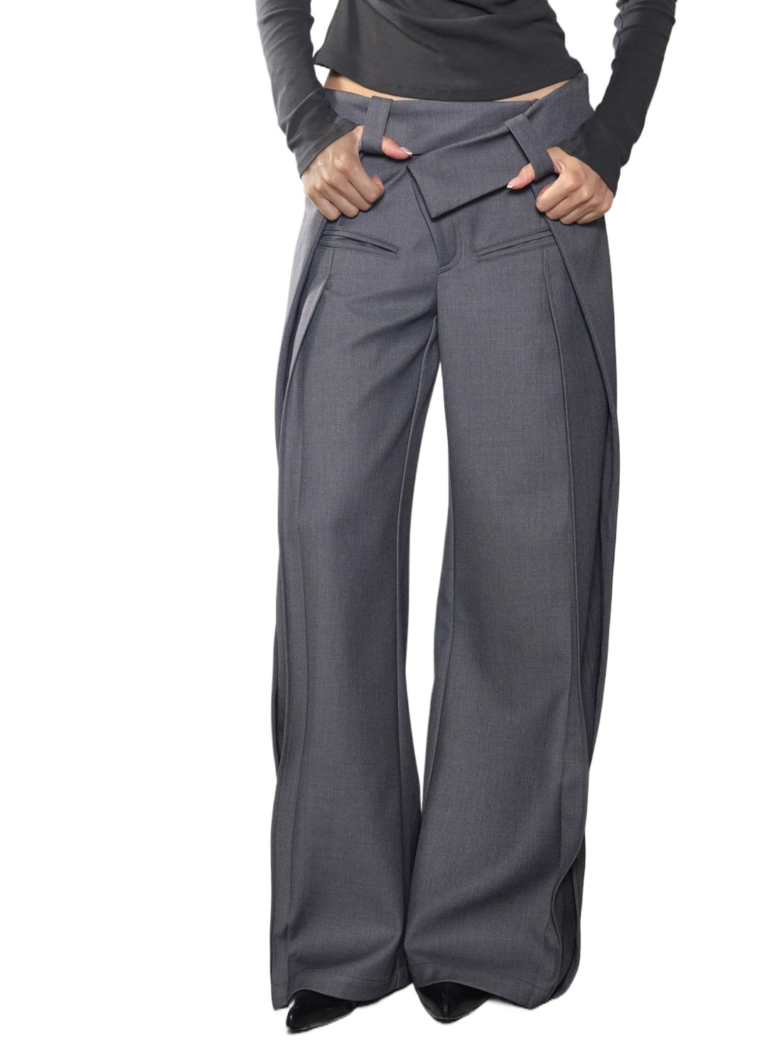 Irregular Folded-Waist Wide-Leg Trousers