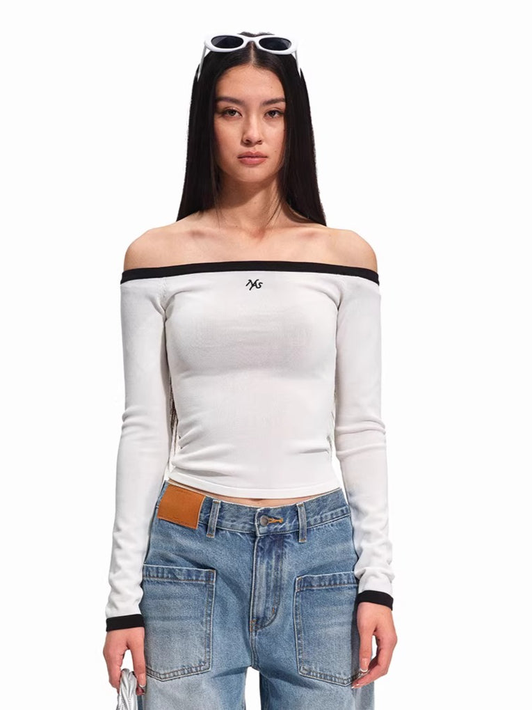 Kelly Off-Shoulder Contrast Knit Crewneck