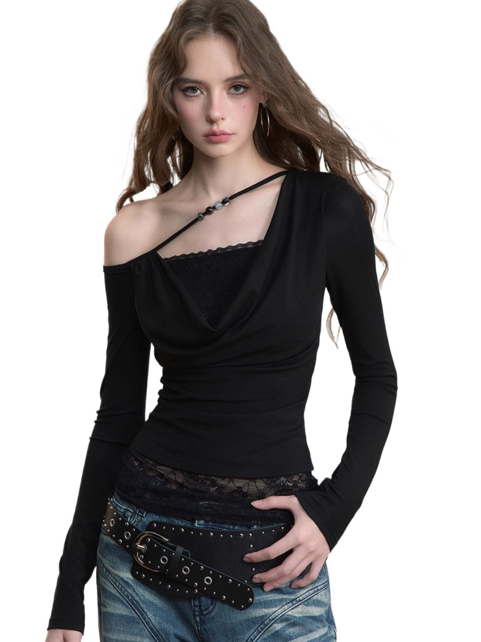 Fake Two-Piece Lace Off-Shoulder Beaded T-Shirt