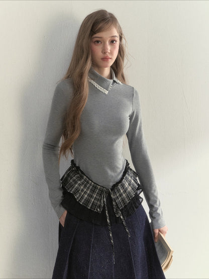 Layered Pleated Mock-Neck Knit T-Shirt