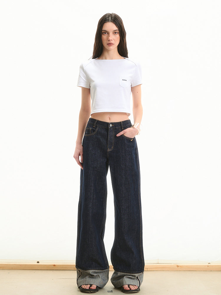 Cuffed Mid-Rise Straight-Leg Denim Jeans