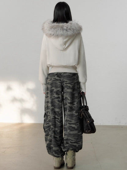 Vintage Rivet Embellished Fleece Hoodie Jacket