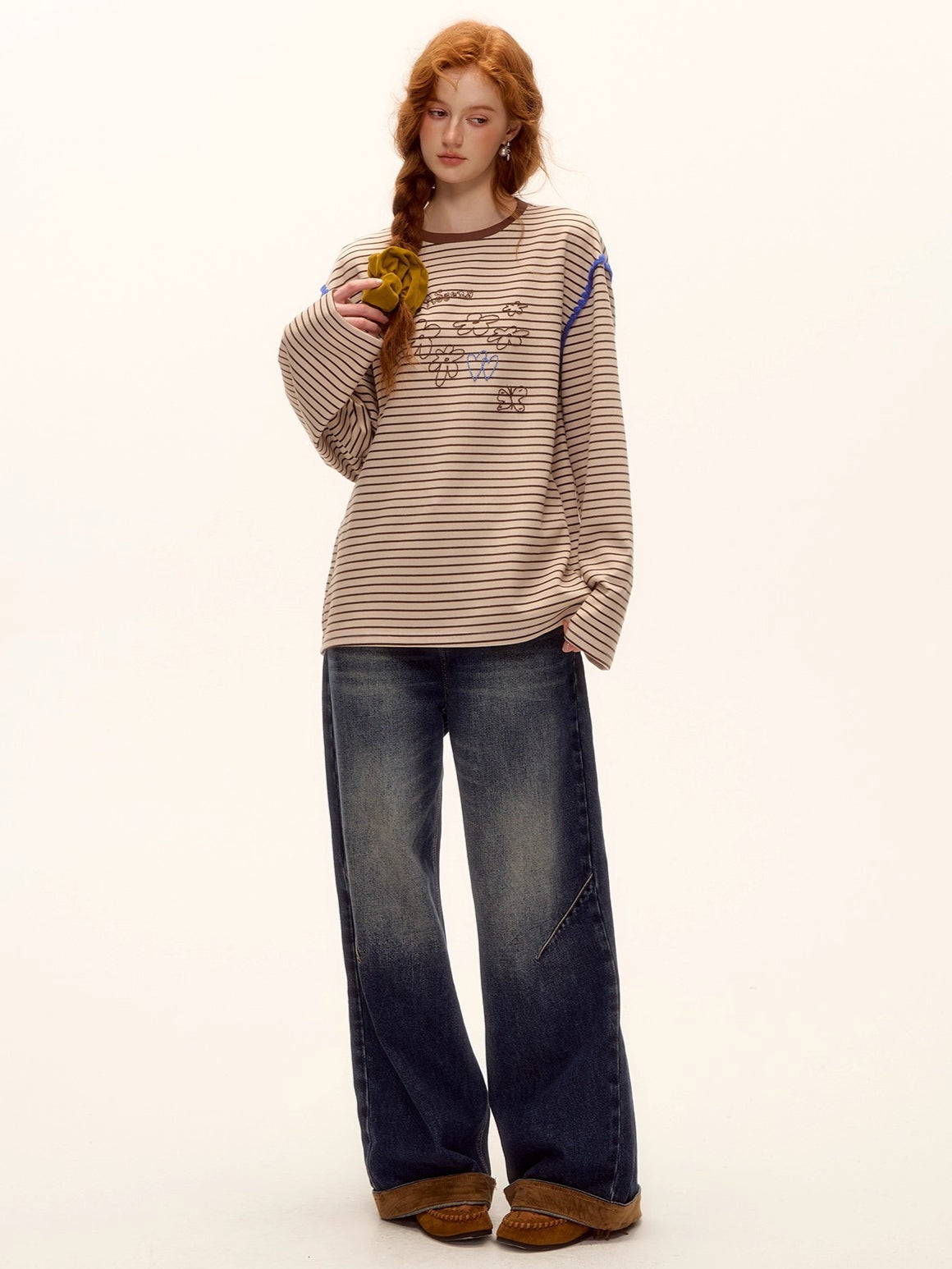 Suede-Panel Washed Denim Wide-Leg Jeans