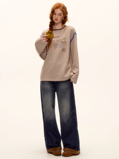 Suede-Panel Washed Denim Wide-Leg Jeans