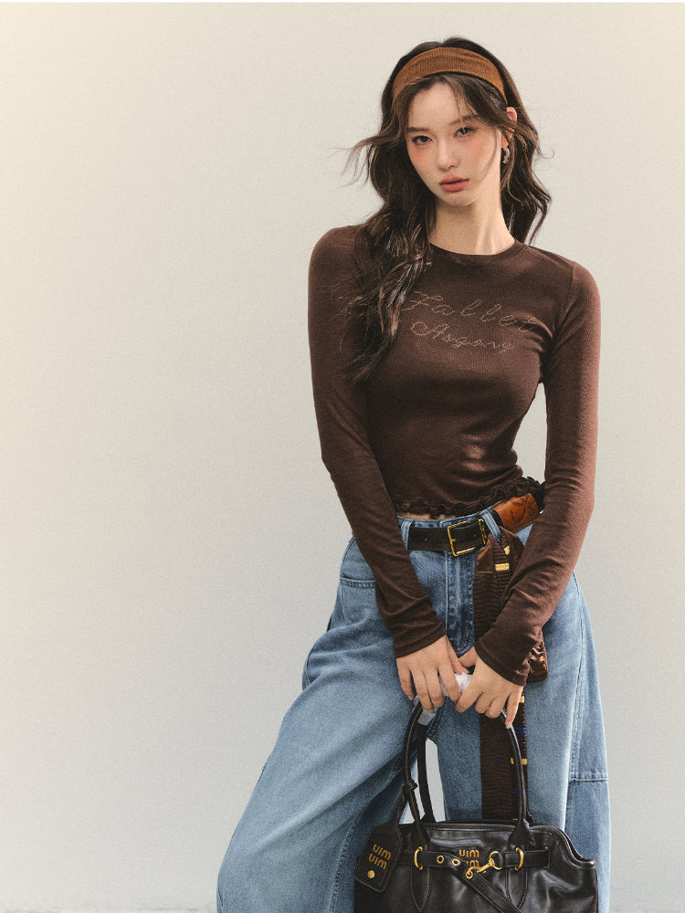 Ruffle Hem and Printed Splicing Cropped T-Shirts - CHINASQUAD