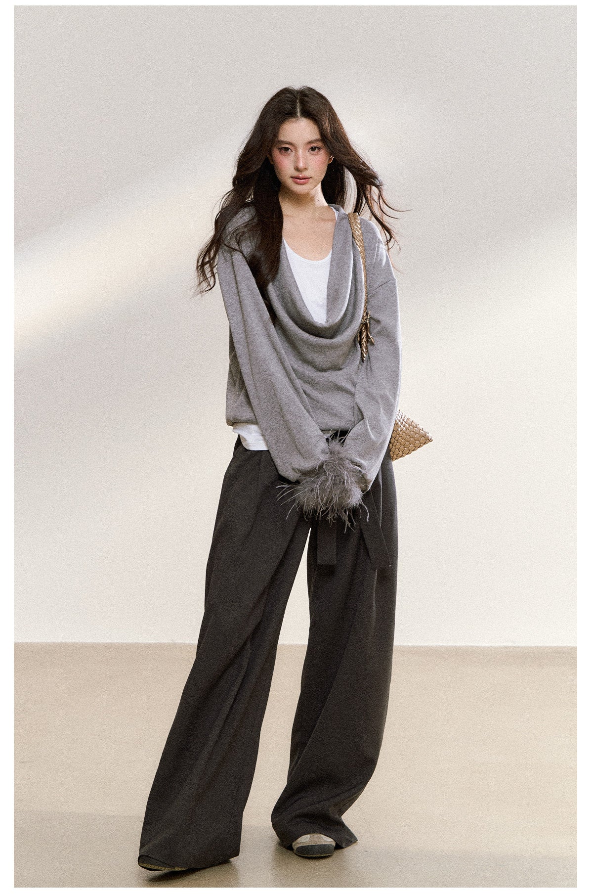 Cowl Neck Knit Top with Faux Fur Cuffs