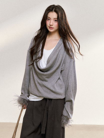 Cowl Neck Knit Top with Faux Fur Cuffs