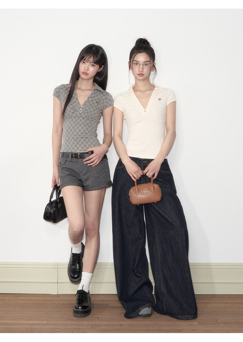 Pleated Checkered Polo V-Neck T-shirt | Final Sale