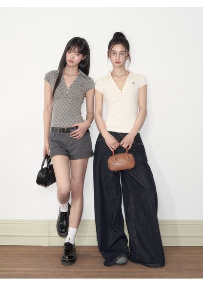 Pleated Checkered Polo V-Neck T-shirt | Final Sale
