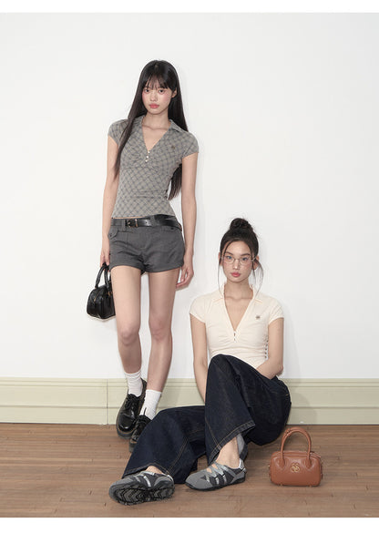 Pleated Checkered Polo V-Neck T-shirt | Final Sale