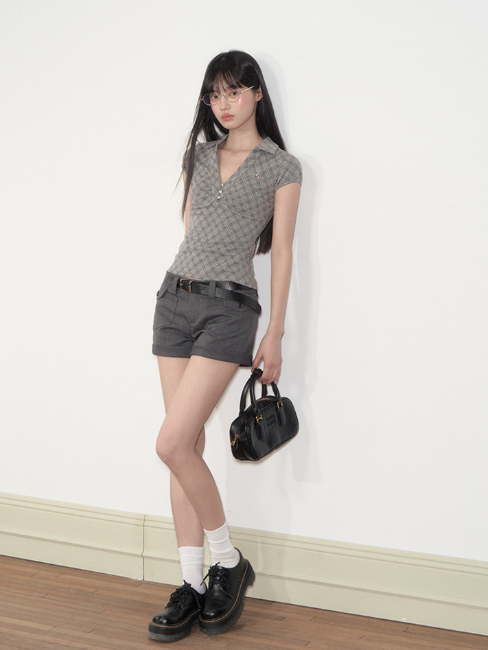 Pleated Checkered Polo V-Neck T-shirt | Final Sale