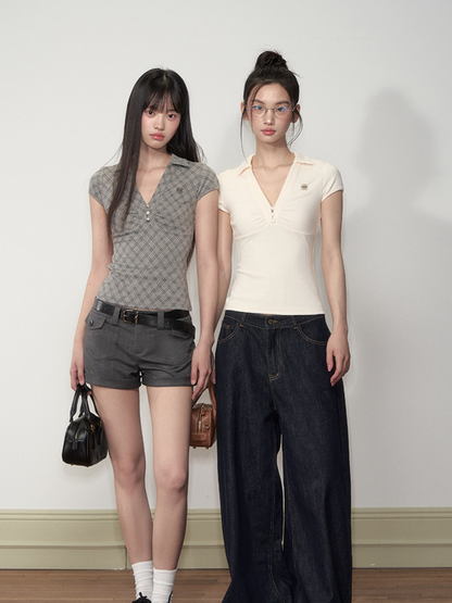 Pleated Checkered Polo V-Neck T-shirt | Final Sale