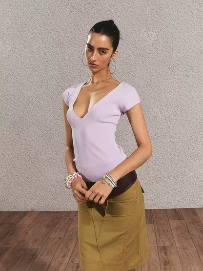 Lilac Deep-V Knit Top | Final Sale
