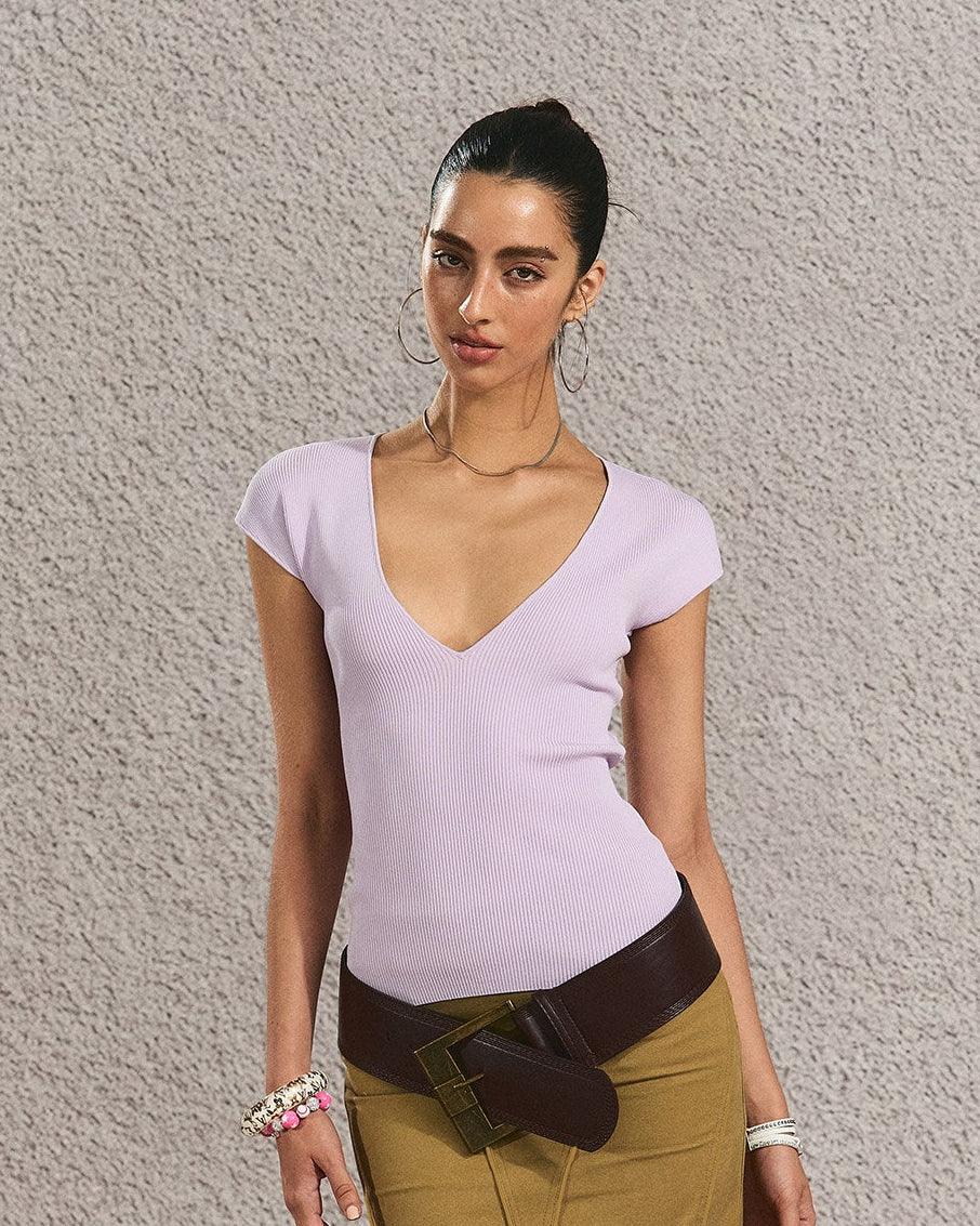 Lilac Deep-V Knit Top | Final Sale