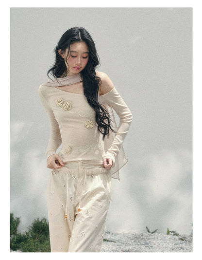 Coquette 3D Flower Asymmetric Lace Top