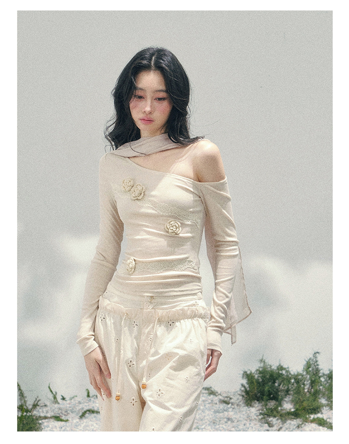 Coquette 3D Flower Asymmetric Lace Top