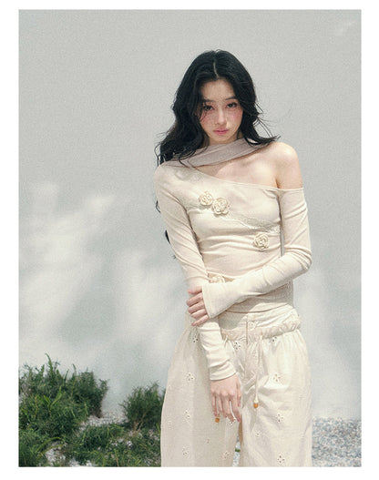 Coquette 3D Flower Asymmetric Lace Top