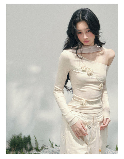 Coquette 3D Flower Asymmetric Lace Top