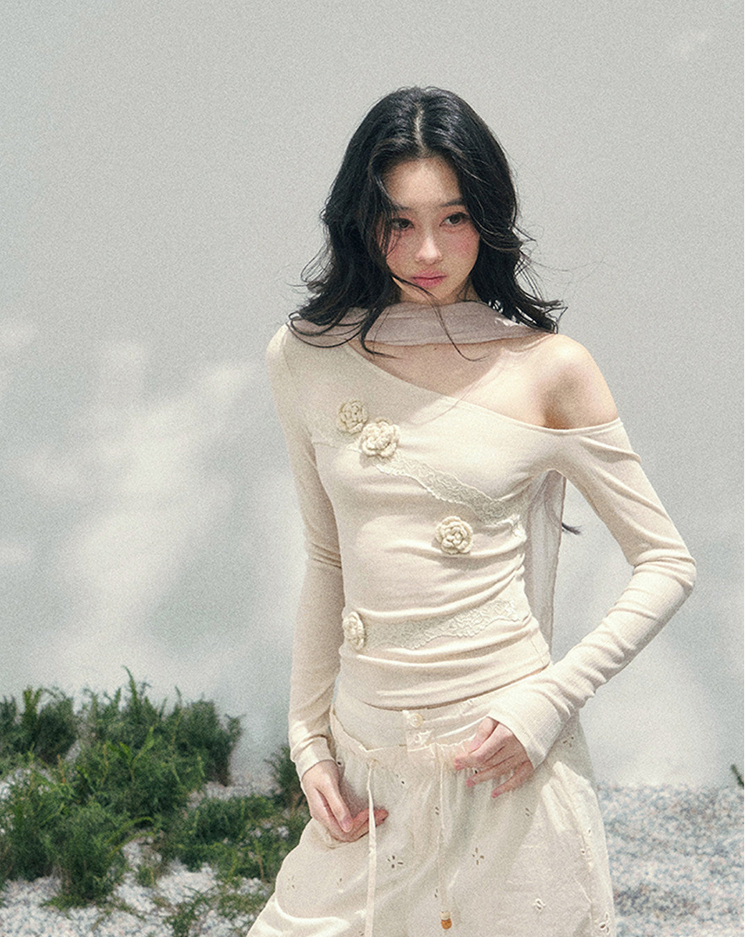 Coquette 3D Flower Asymmetric Lace Top