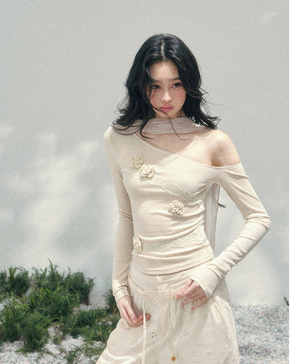 Coquette 3D Flower Asymmetric Lace Top