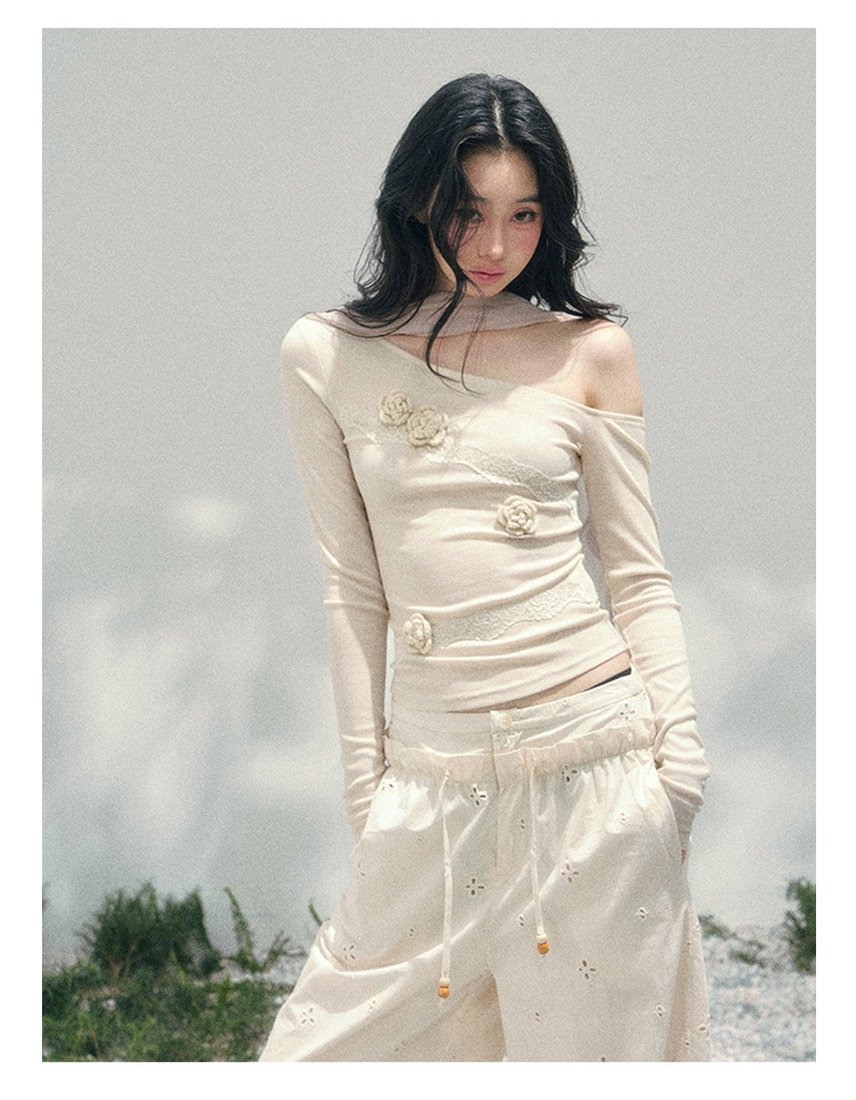 Coquette 3D Flower Asymmetric Lace Top
