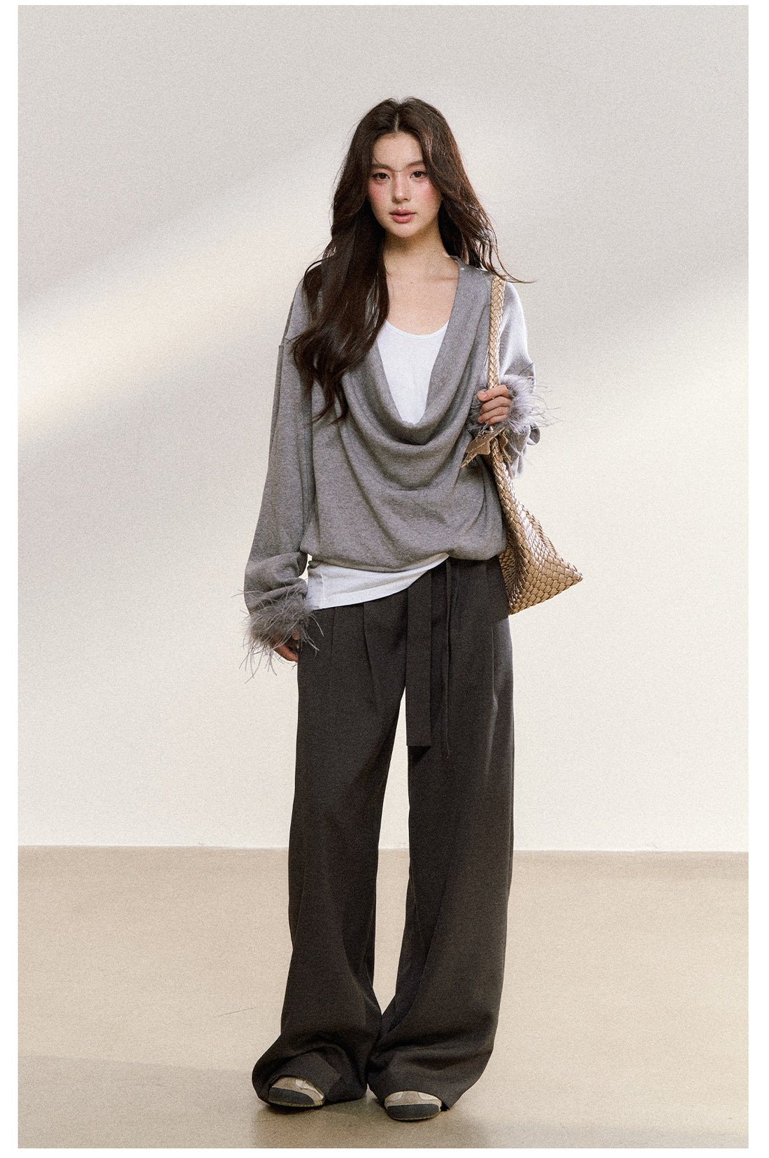 Gray Drape-Neck Fur Cuff Detail Knit Blouse