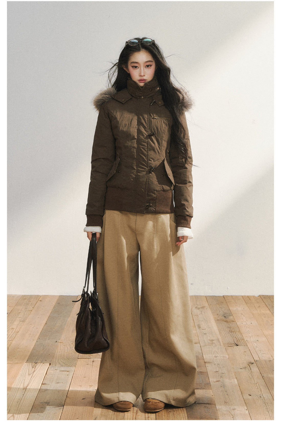 Two-Tone Faux Fur Collar Hooded Duffle Puffer Jacket