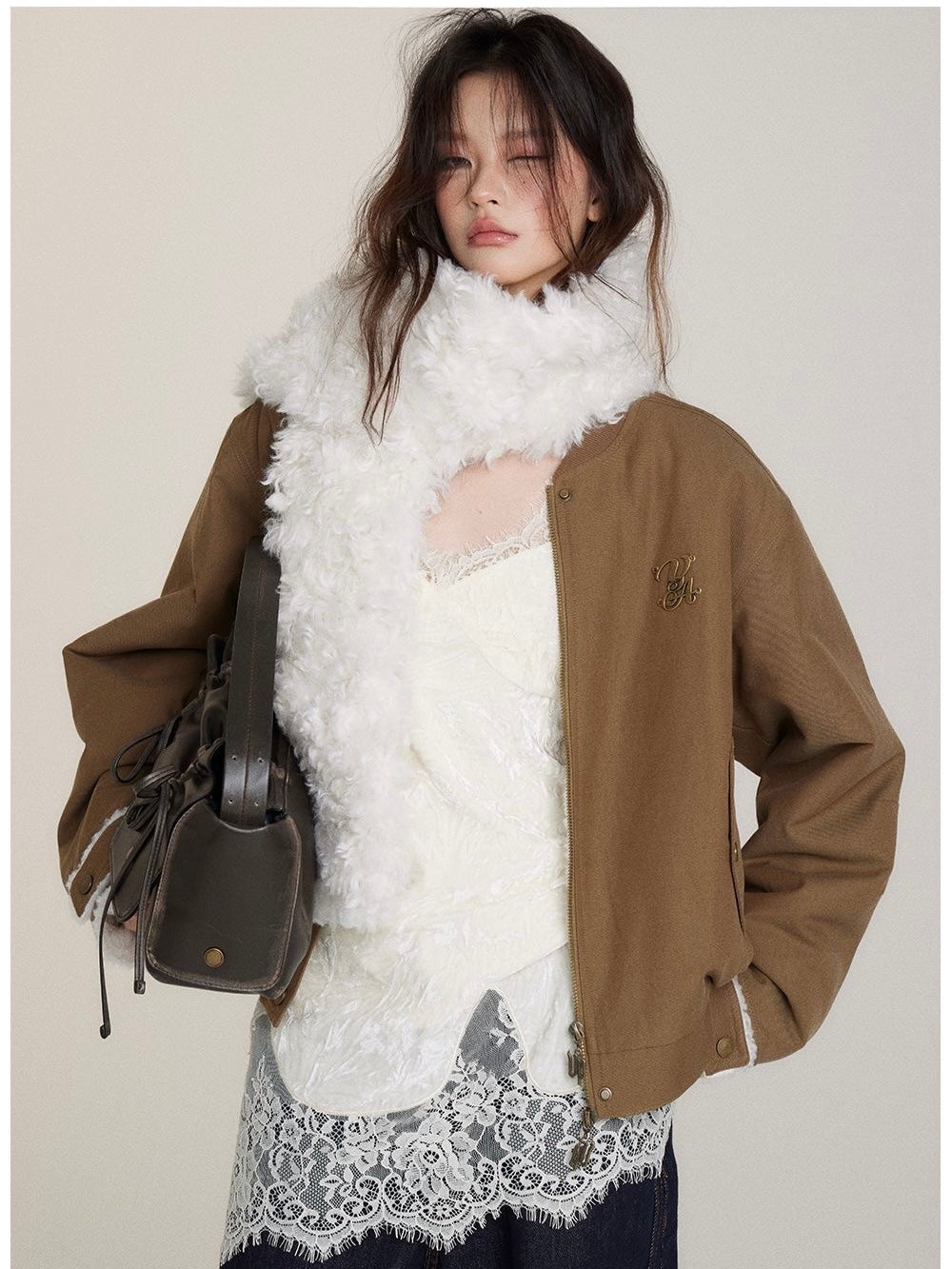 Convertible Fur Collar Varsity Jacket