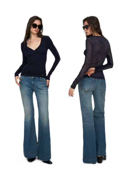 Wool Lyocell V-Neck Long Sleeve Top with Lace