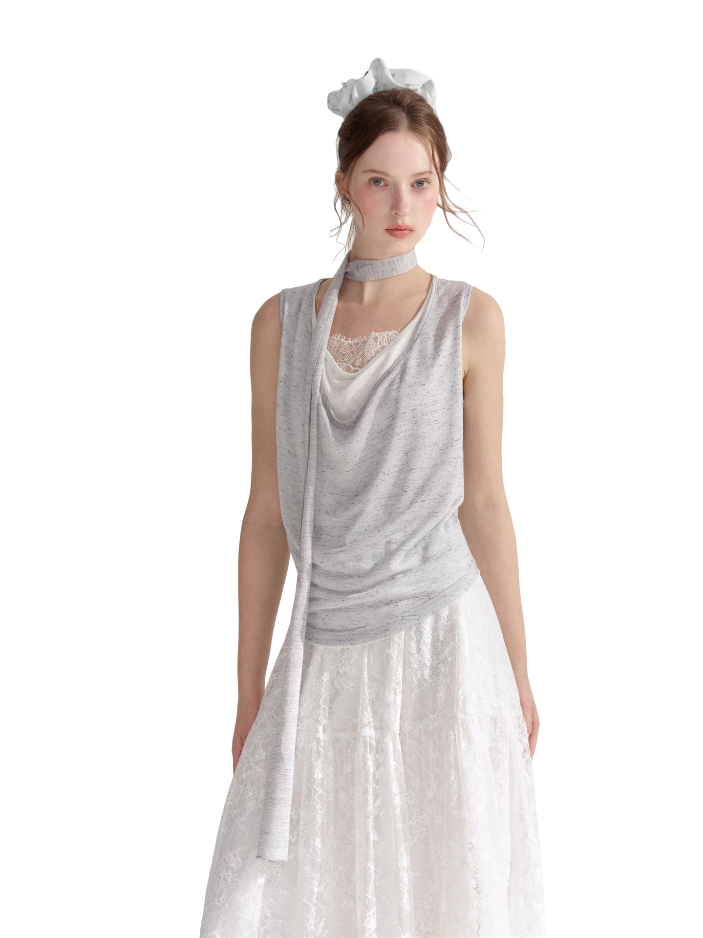 Draped Neckline Lace Patchwork Vest