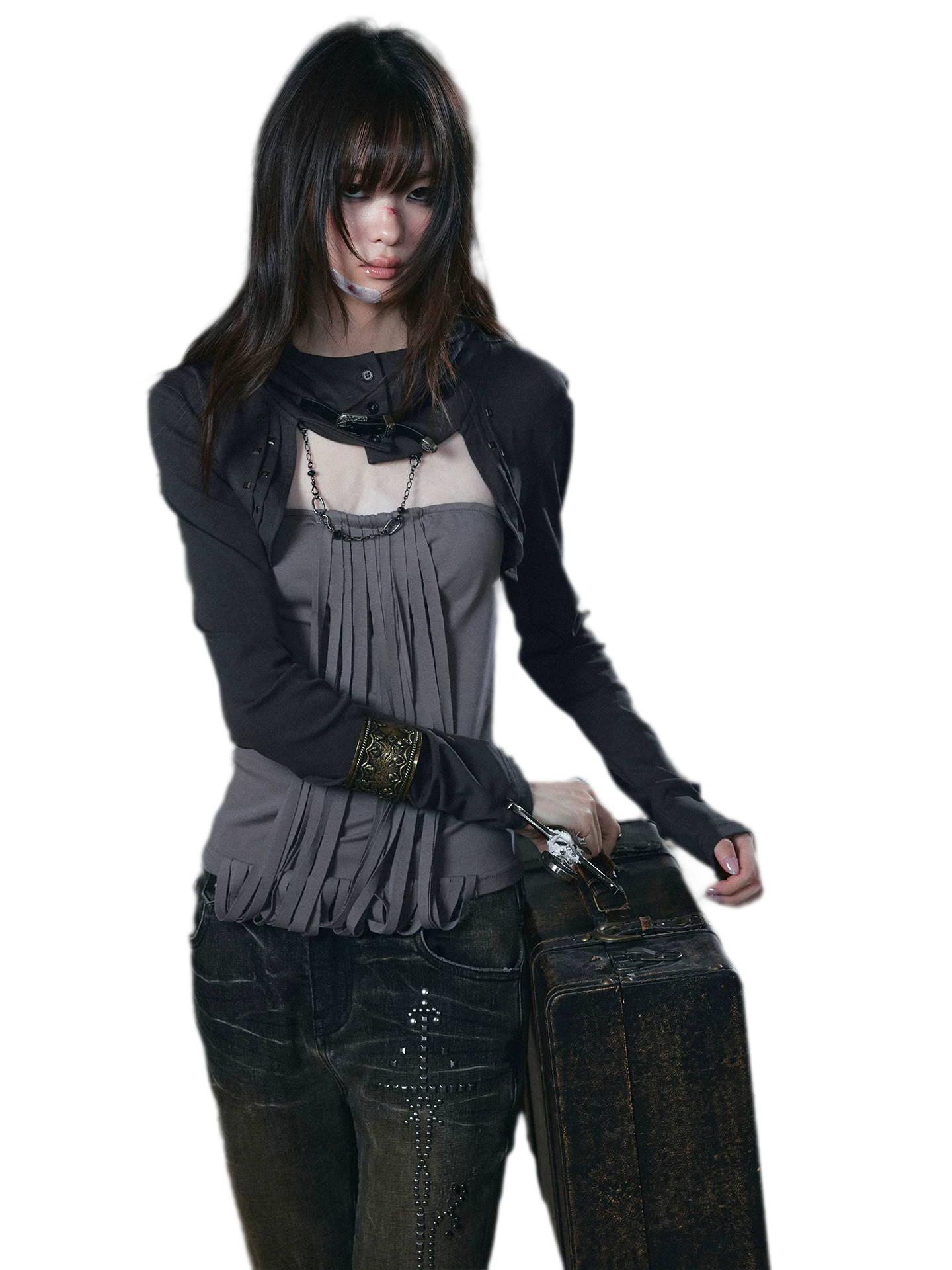 Distressed Hooded Knit Bustier Top